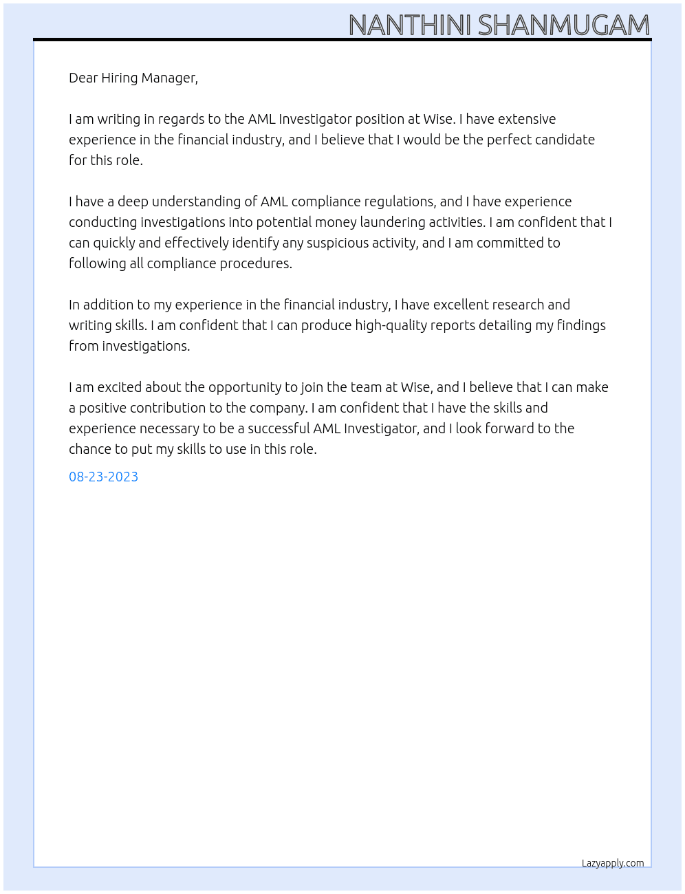 AML Investigator At Wise  Cover Letter