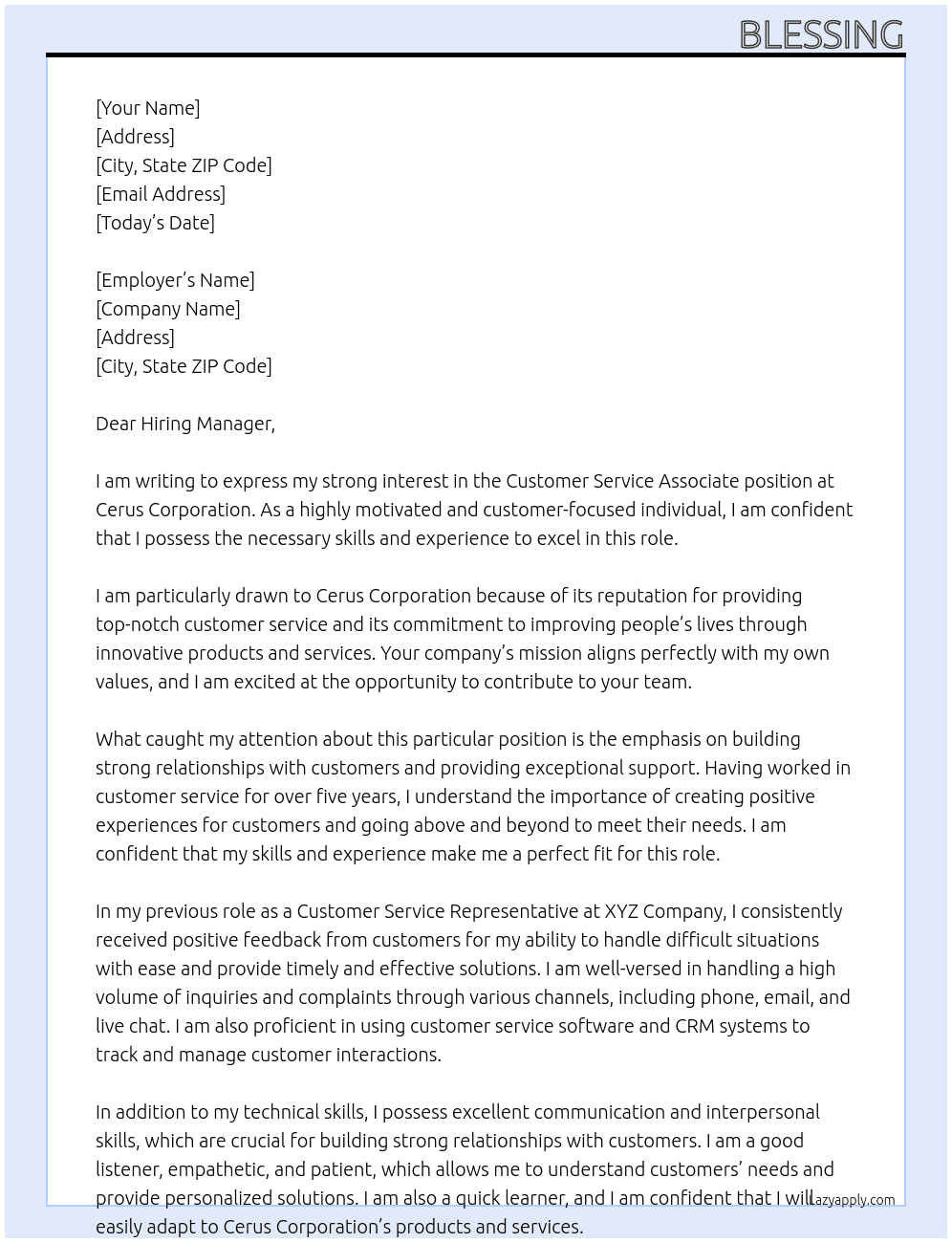 Customer Service Associate At Cerus Corporation Cover Letter