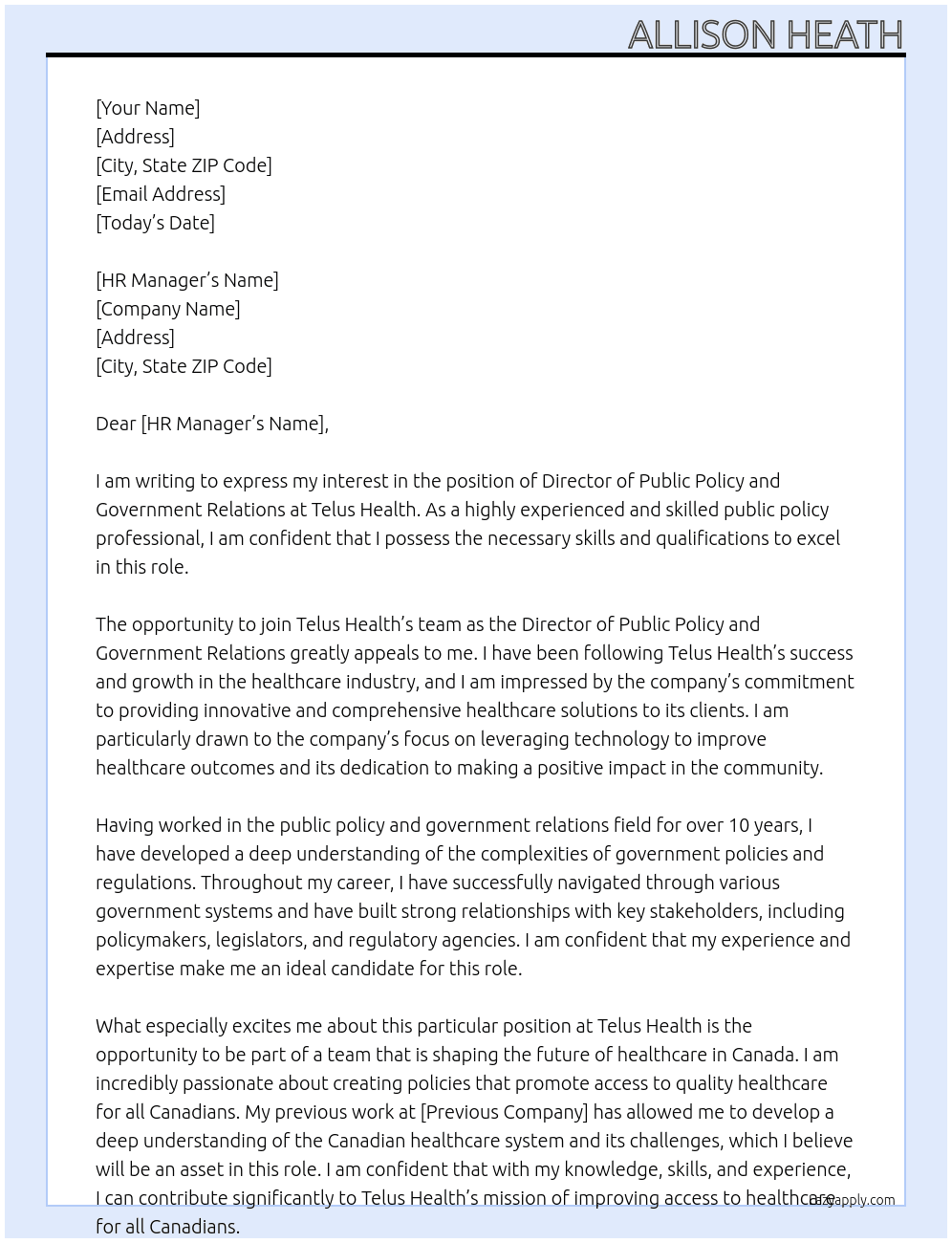 Director of Public Policy and Government Relations At Telus Health Cover Letter