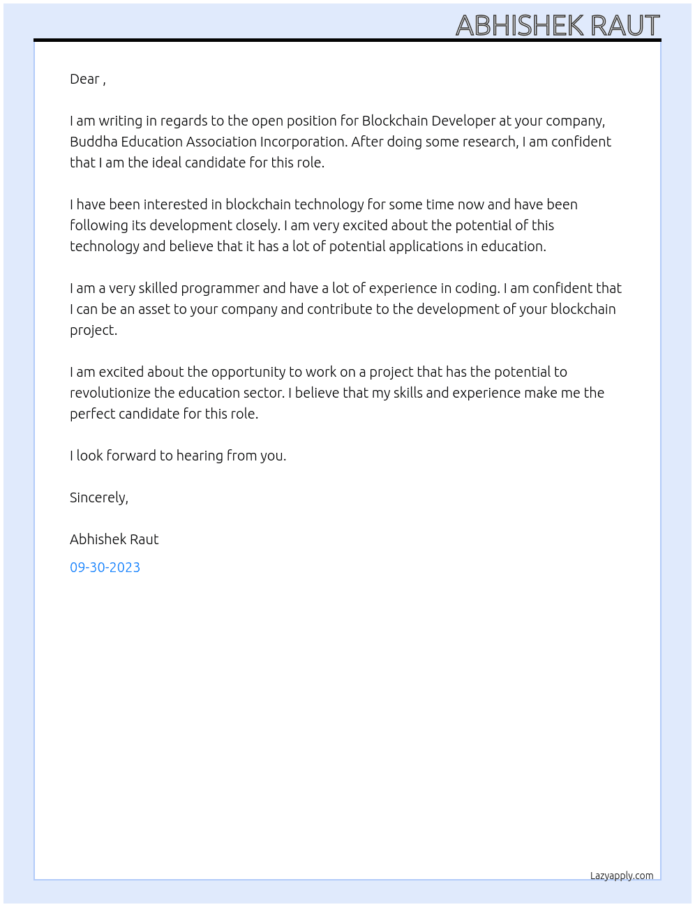 Blockchain Developer At Buddha Education Association Incorporation Cover Letter