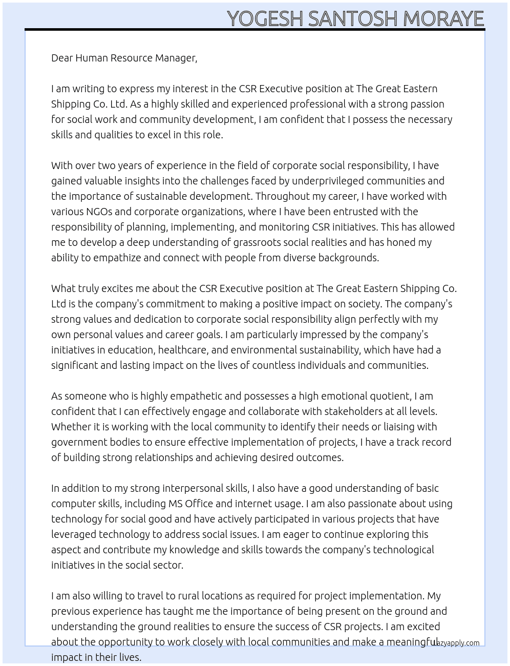 CSR Executive At The Great Eastern Shipping Co. Ltd Cover Letter