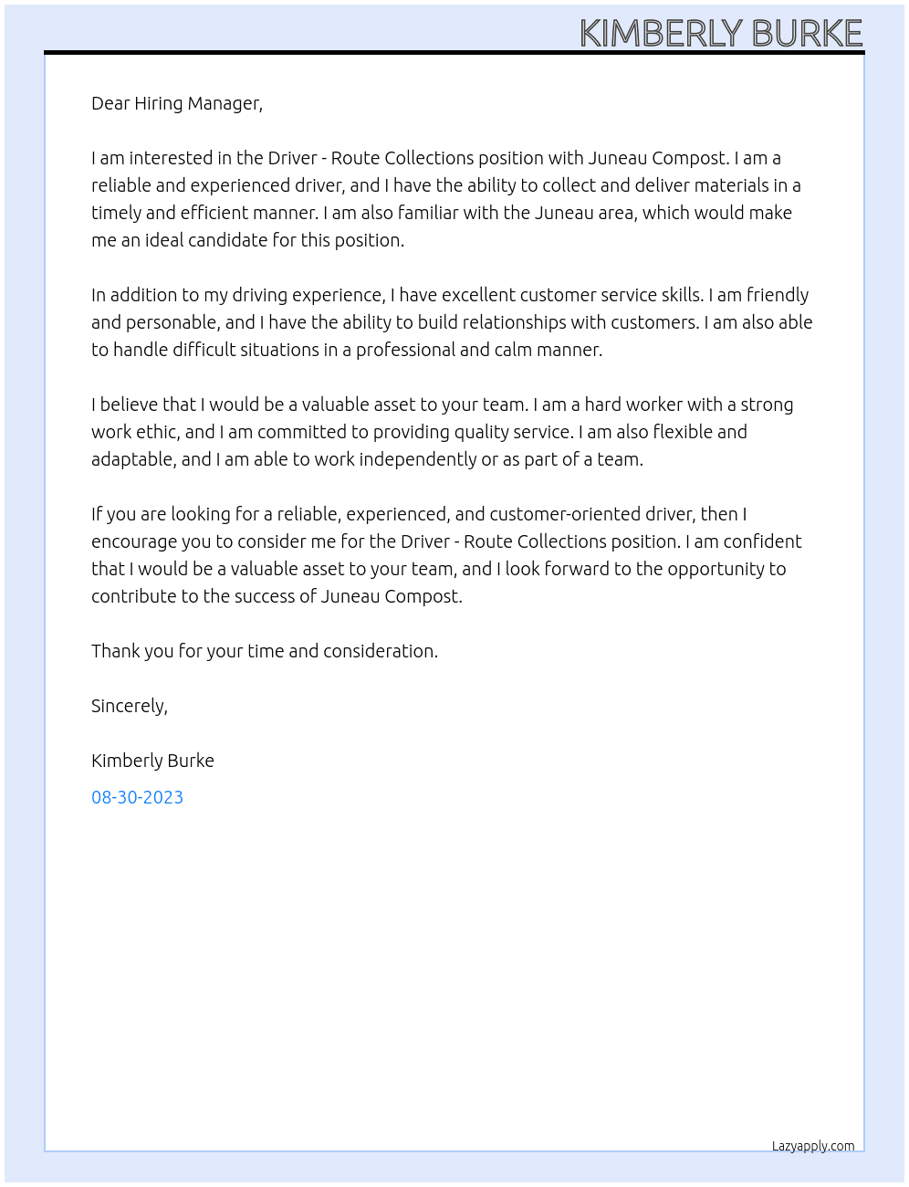 Driver - Route Collections At Juneau Compost Cover Letter