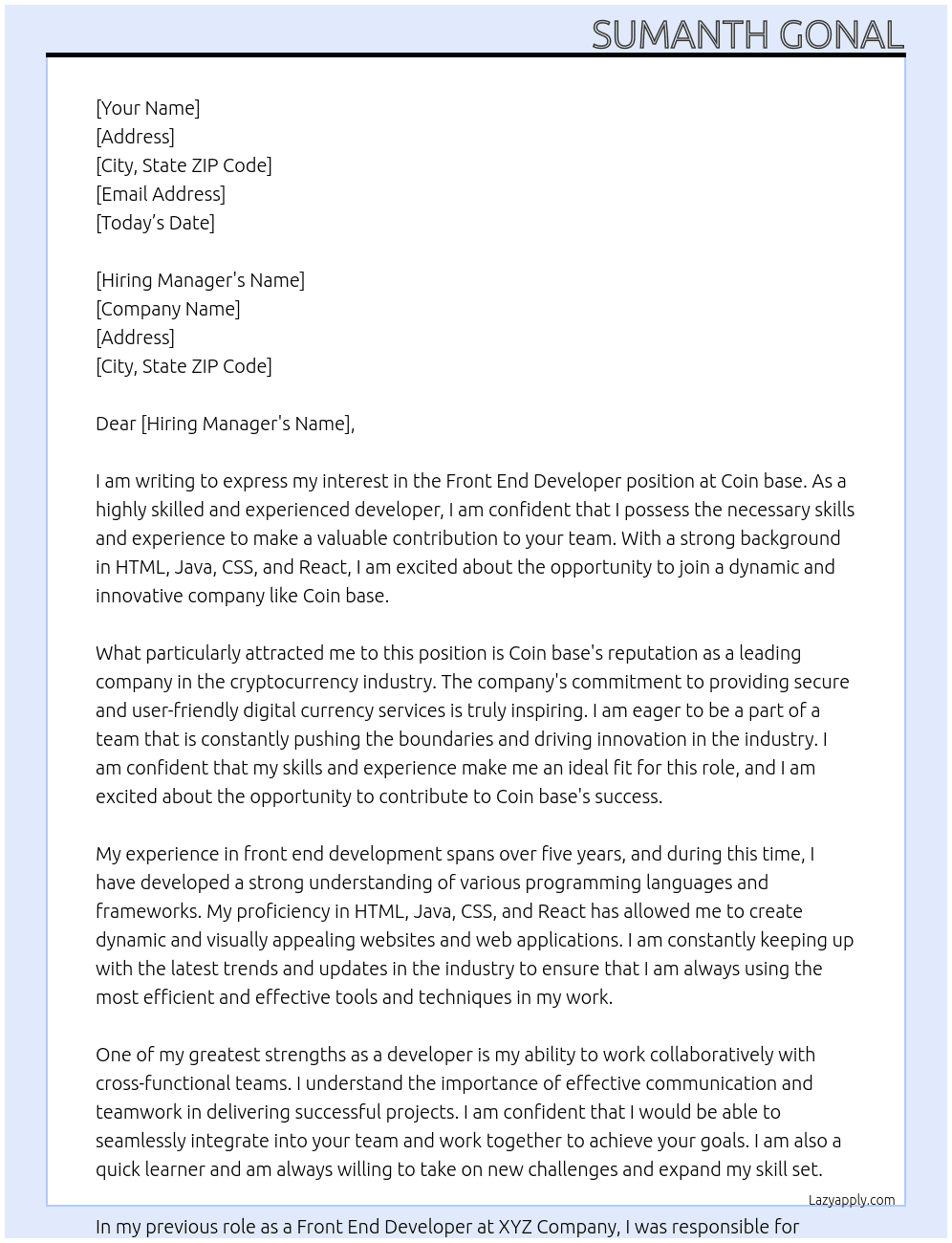 Front end developer  At Coin base Cover Letter