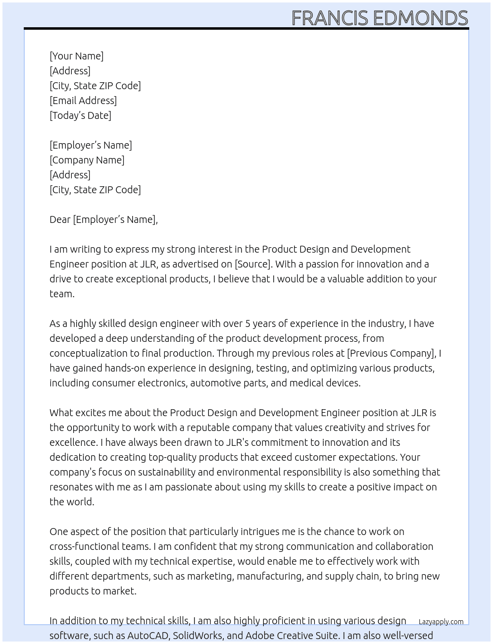 Cover letter for product design and development engineer - LazyApply