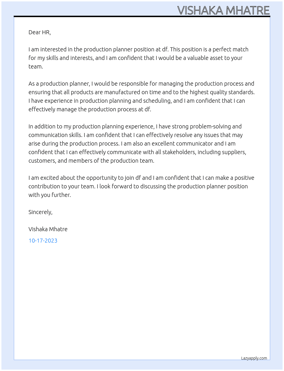 Production planner At df Cover Letter