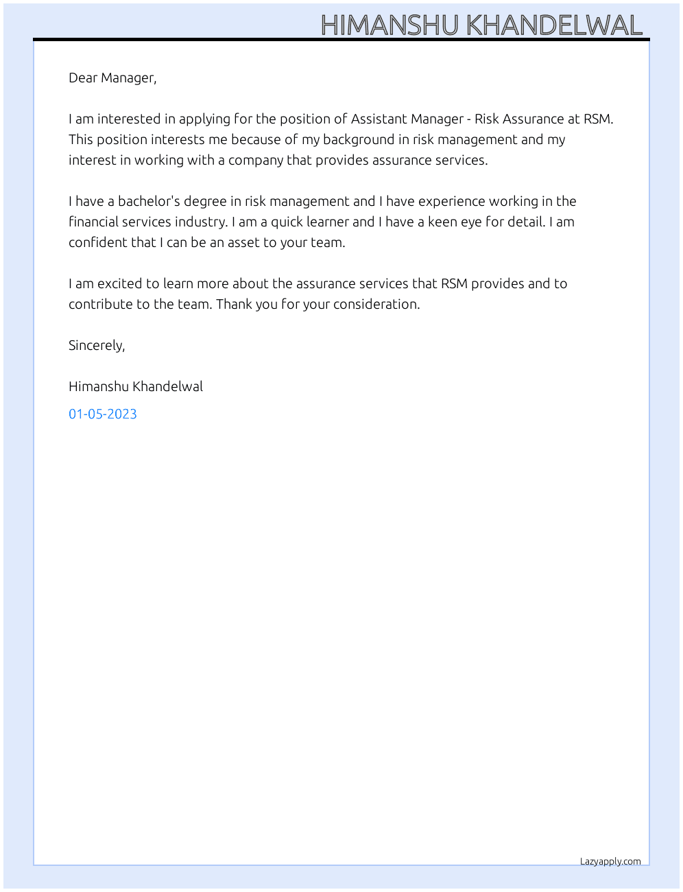 Cover letter for assistant manager - risk assurance - LazyApply