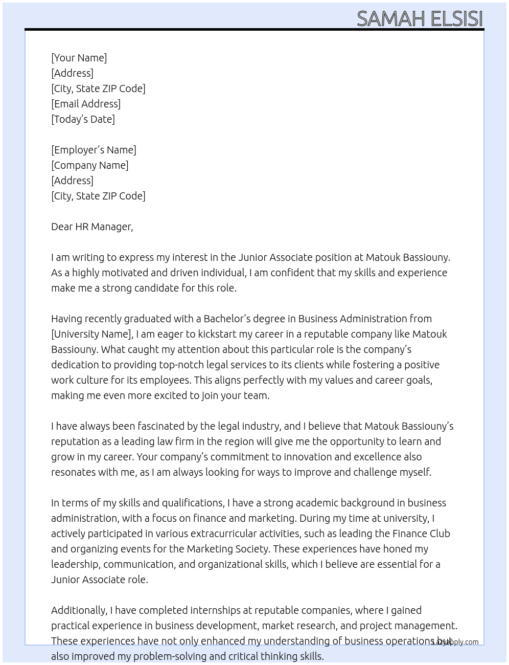 junior associate At Matouk Bassiouny Cover Letter