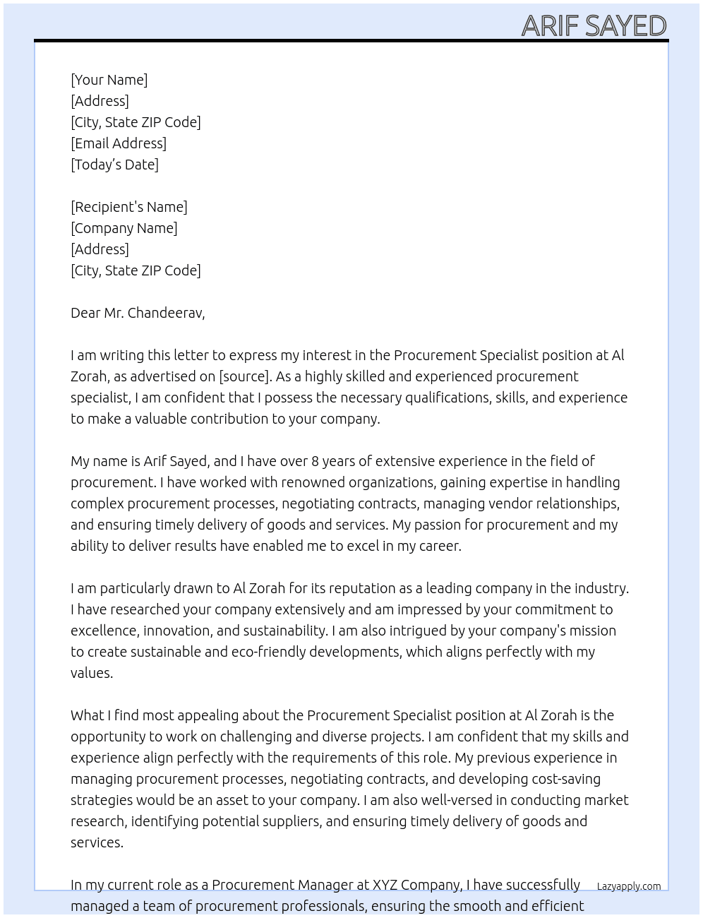 PROCUREMENT SPECIALIST At AL ZORAH Cover Letter
