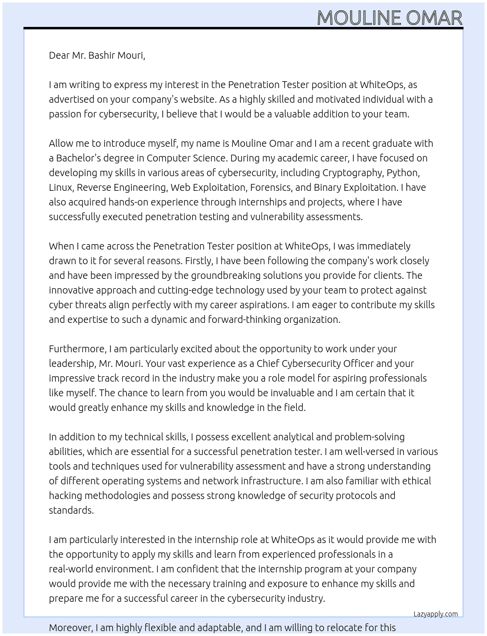 Penetration Tester At WhiteOps Cover Letter