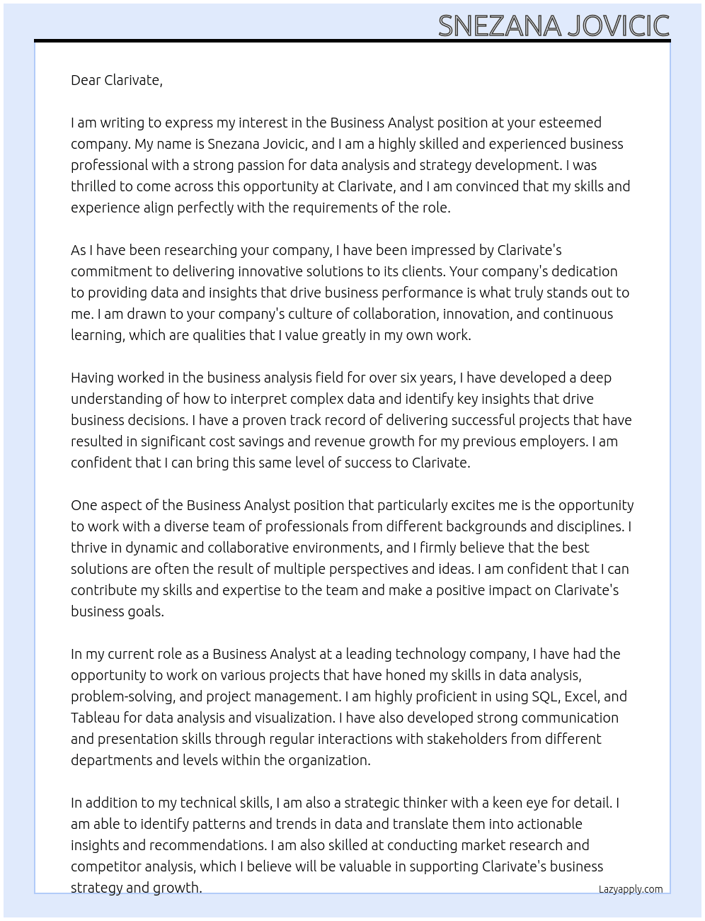 Business Analyst At Clarivate Cover Letter