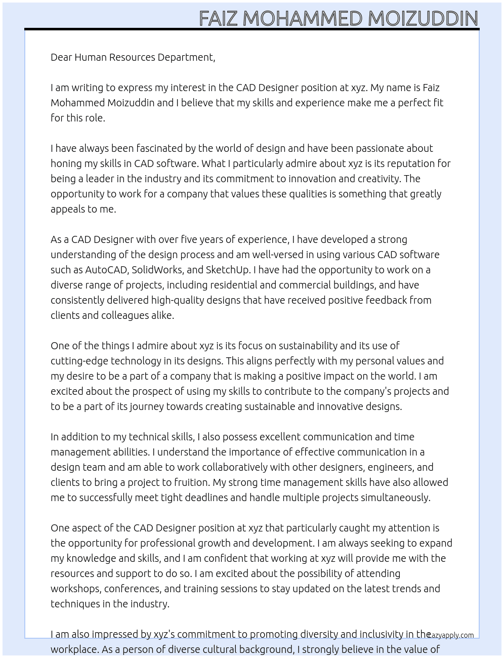 CAD Designer At xyz Cover Letter