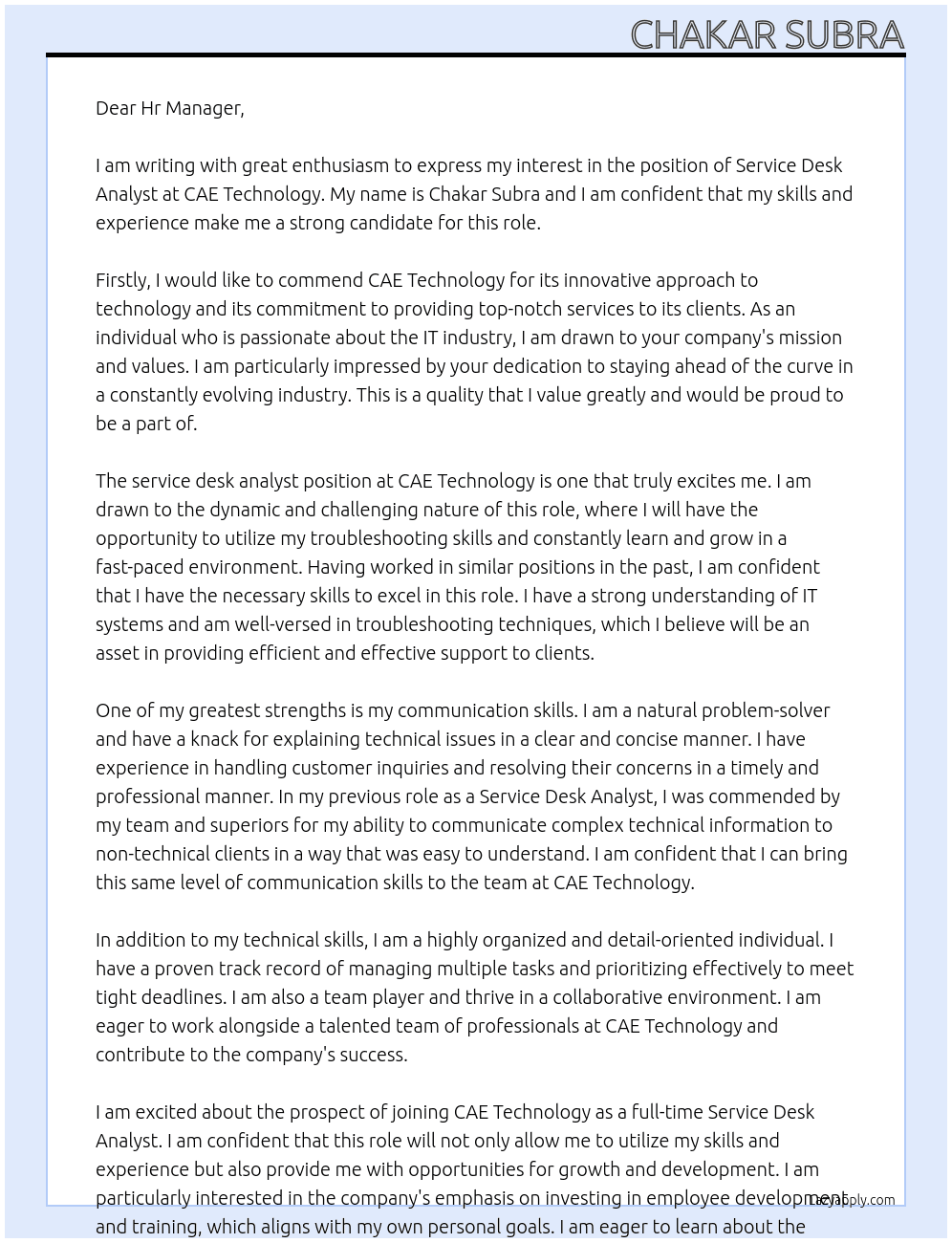 Service Desk Analyst At CAE Technology Cover Letter