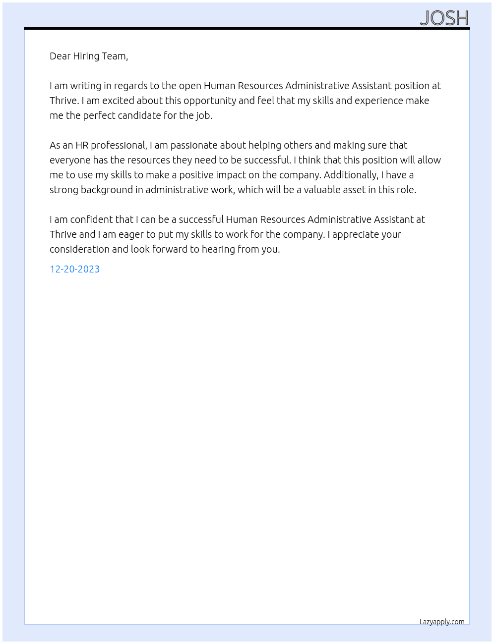 Human Resources Administrative Assistant At Thrive Cover Letter