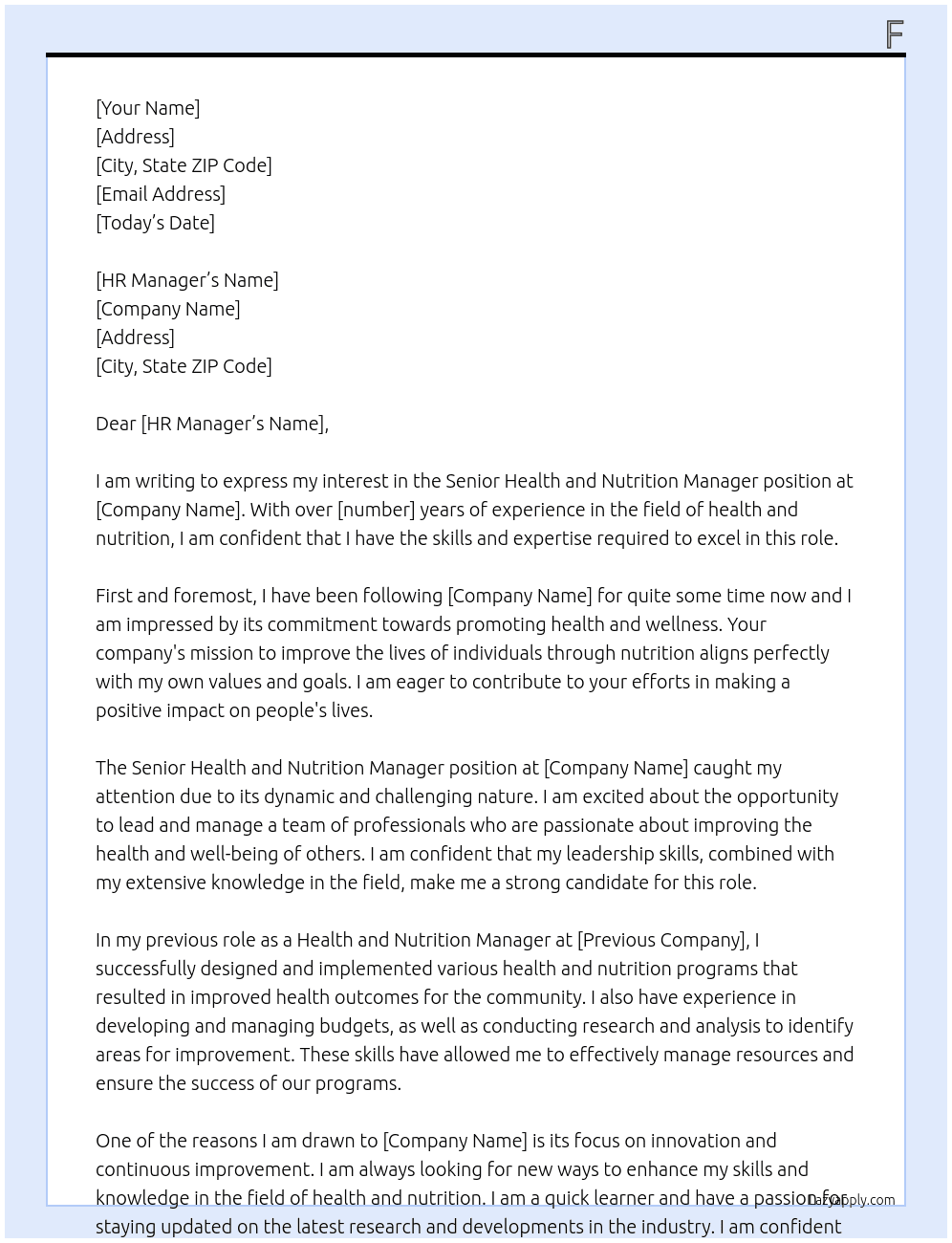 Senior Health and Nutrition Manager  At SDO Cover Letter