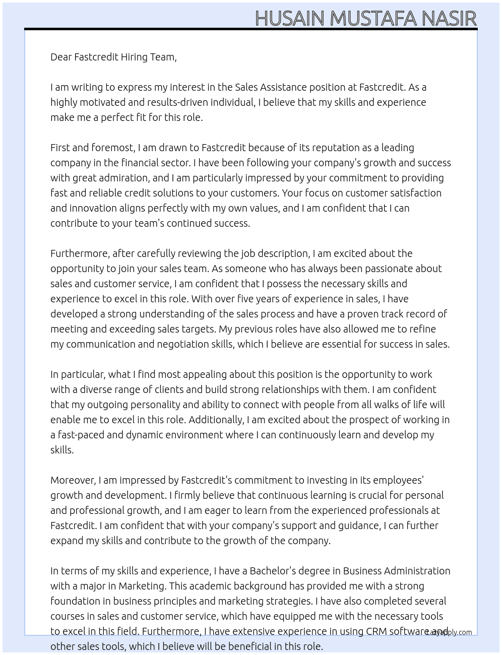 sales assistance At Fastcredit Cover Letter