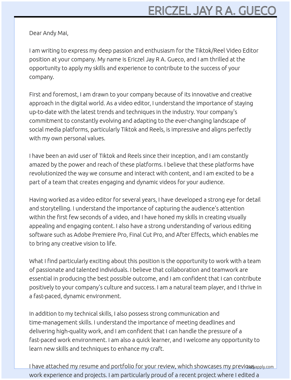 Tiktok/Reel Video Editor At on your company Cover Letter