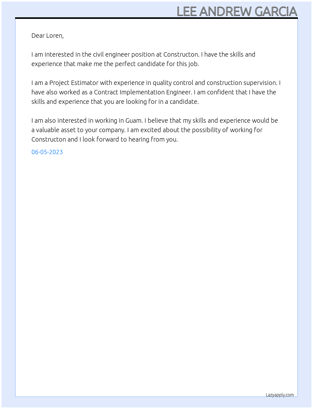 civil engineer At Constructon Cover Letter
