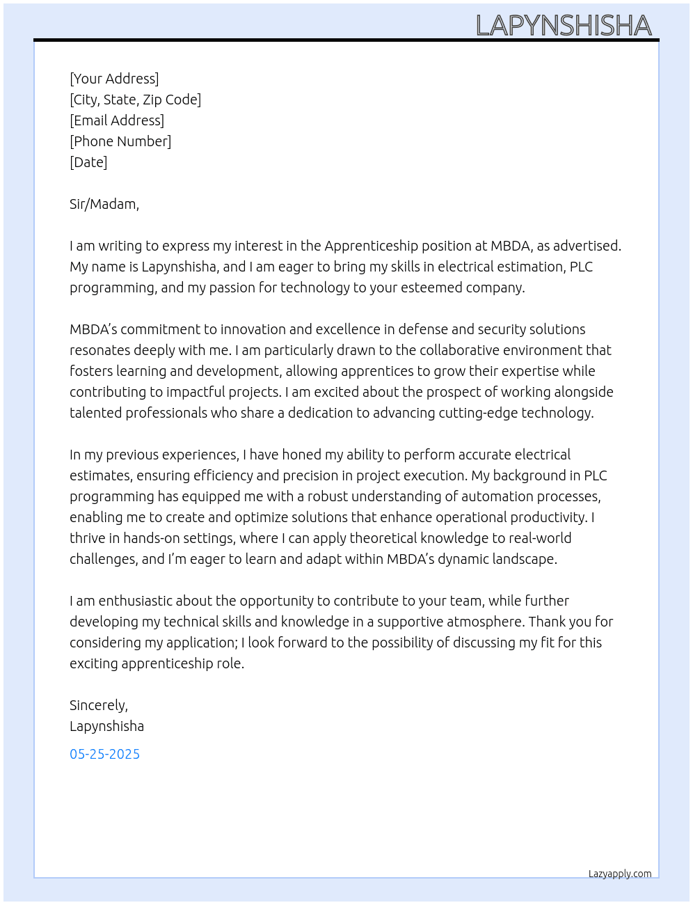 Apprenticeship  At MBDA Cover Letter