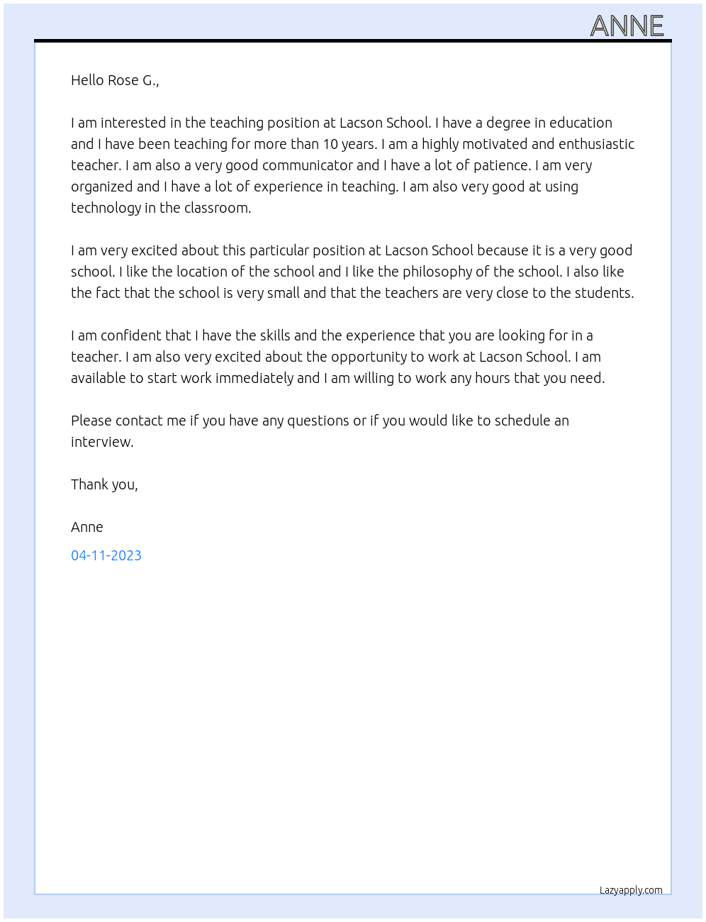 Teaching  At Lacson School Cover Letter