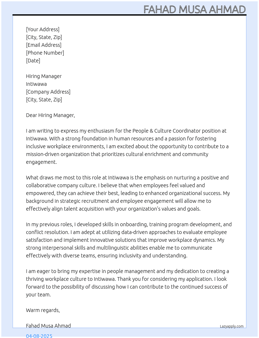 People & Culture Coordinator At Intiwawa Cover Letter