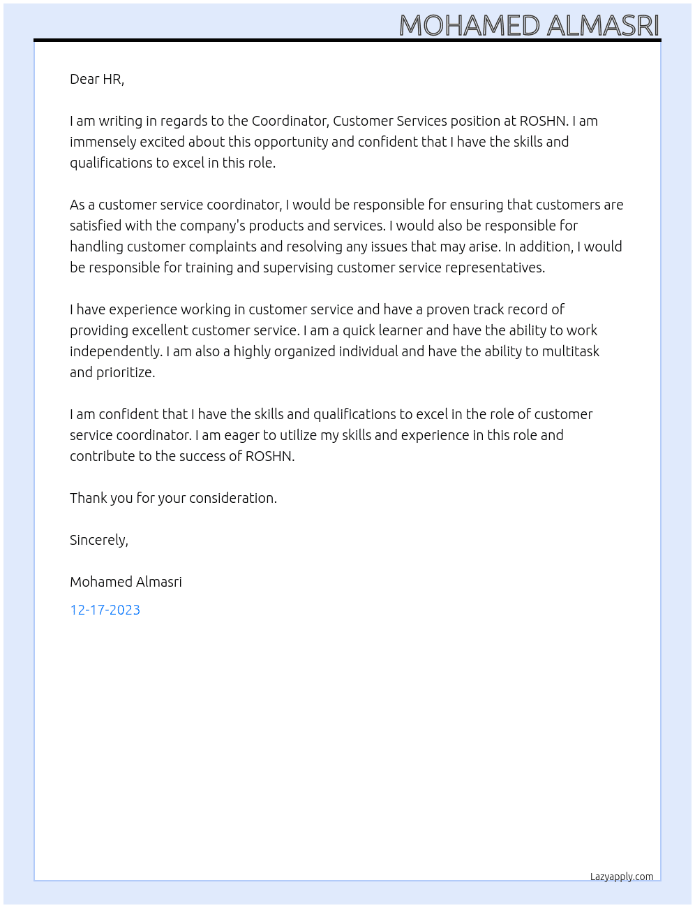 Coordinator, Customer services At ROSHN Cover Letter