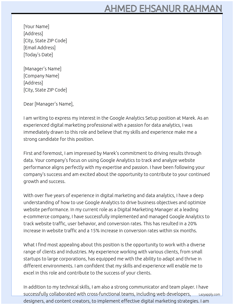 Google Analytics setup At MArek Cover Letter
