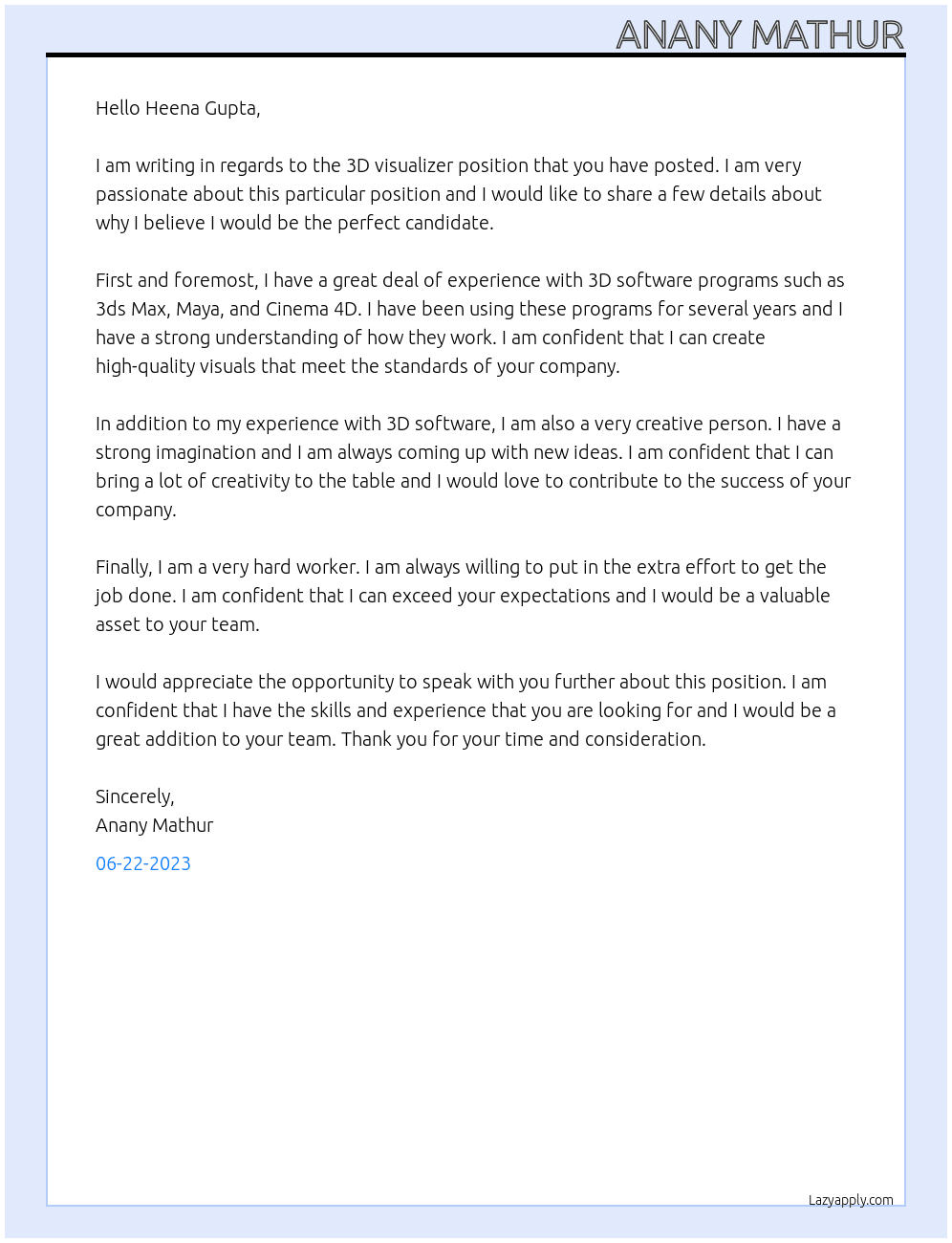 Applying for 3D visualizer  At Greenhomes  Cover Letter