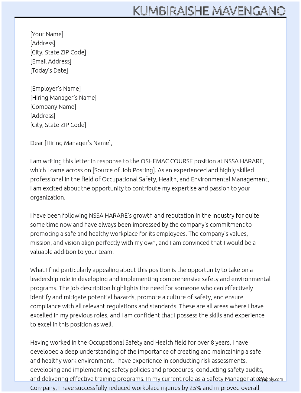 OSHEMAC COURSE  At NSSA HARARE Cover Letter