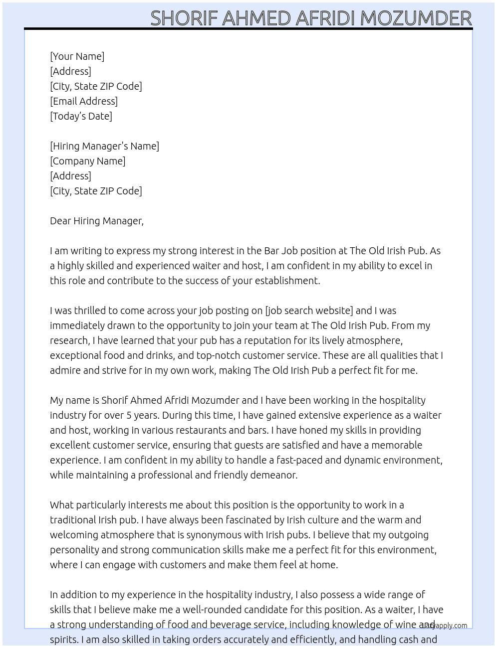 Bar Job At the old irish pub Cover Letter