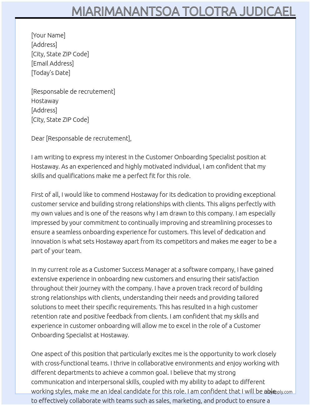 Customer Onboarding Specialist At Hostaway Cover Letter