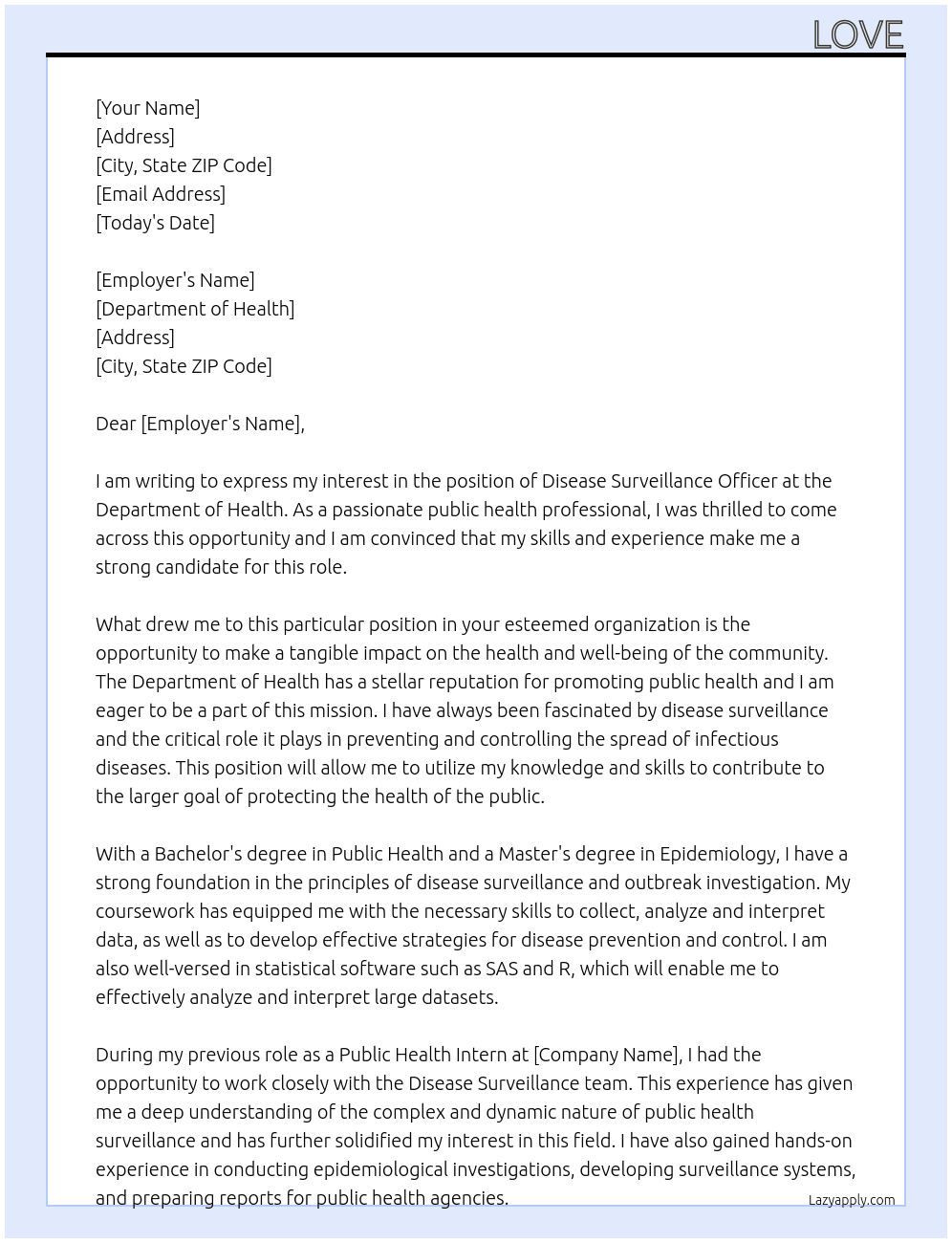 disease surveillance officer At department of health Cover Letter