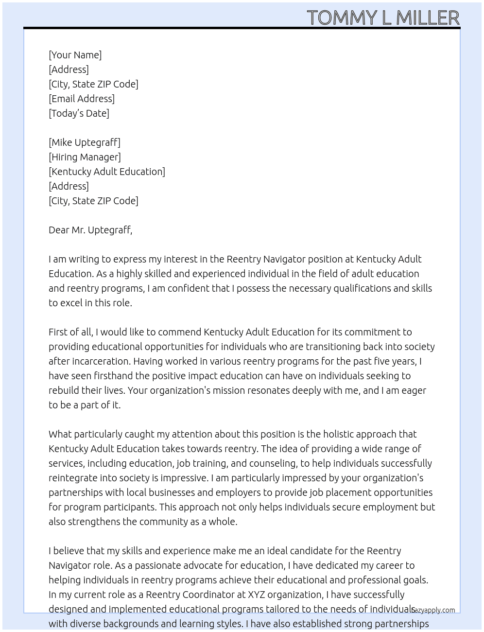 Reentry Navigator At Kentucky Adult Education Cover Letter