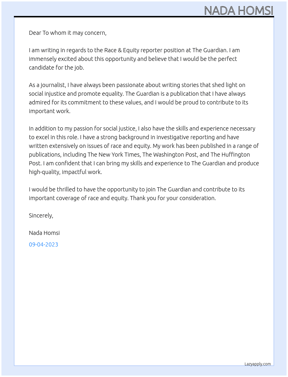 Race & Equity reporter At The Guardian Cover Letter