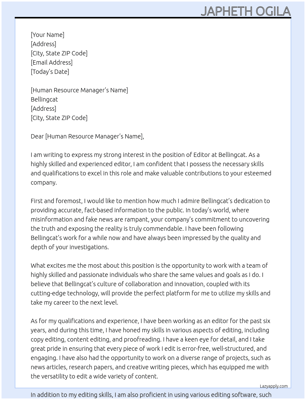 Editor At Bellingcat Cover Letter