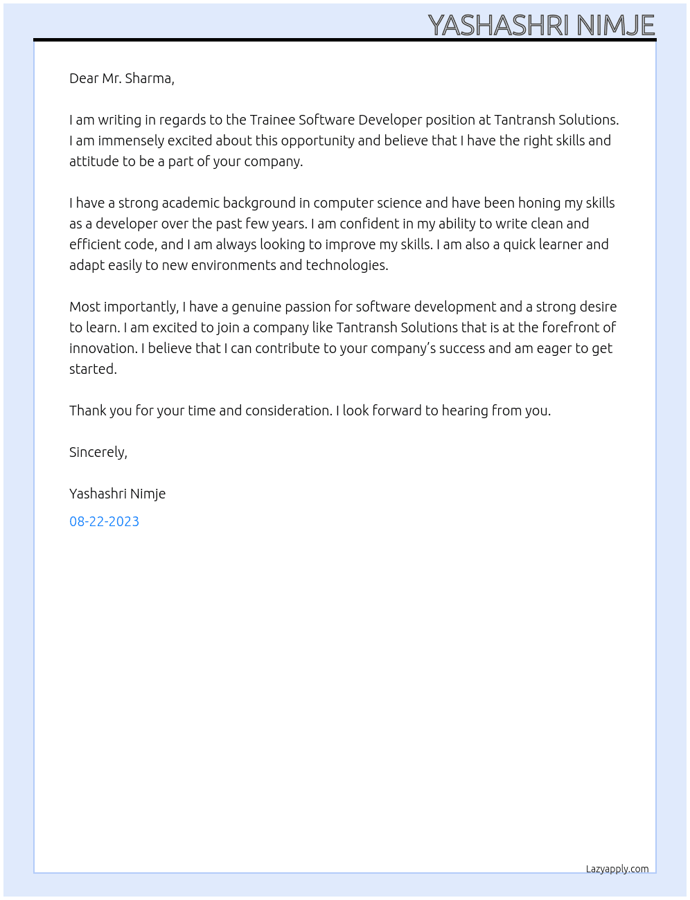 Trainee Software Developer At Tantransh Solutions Cover Letter