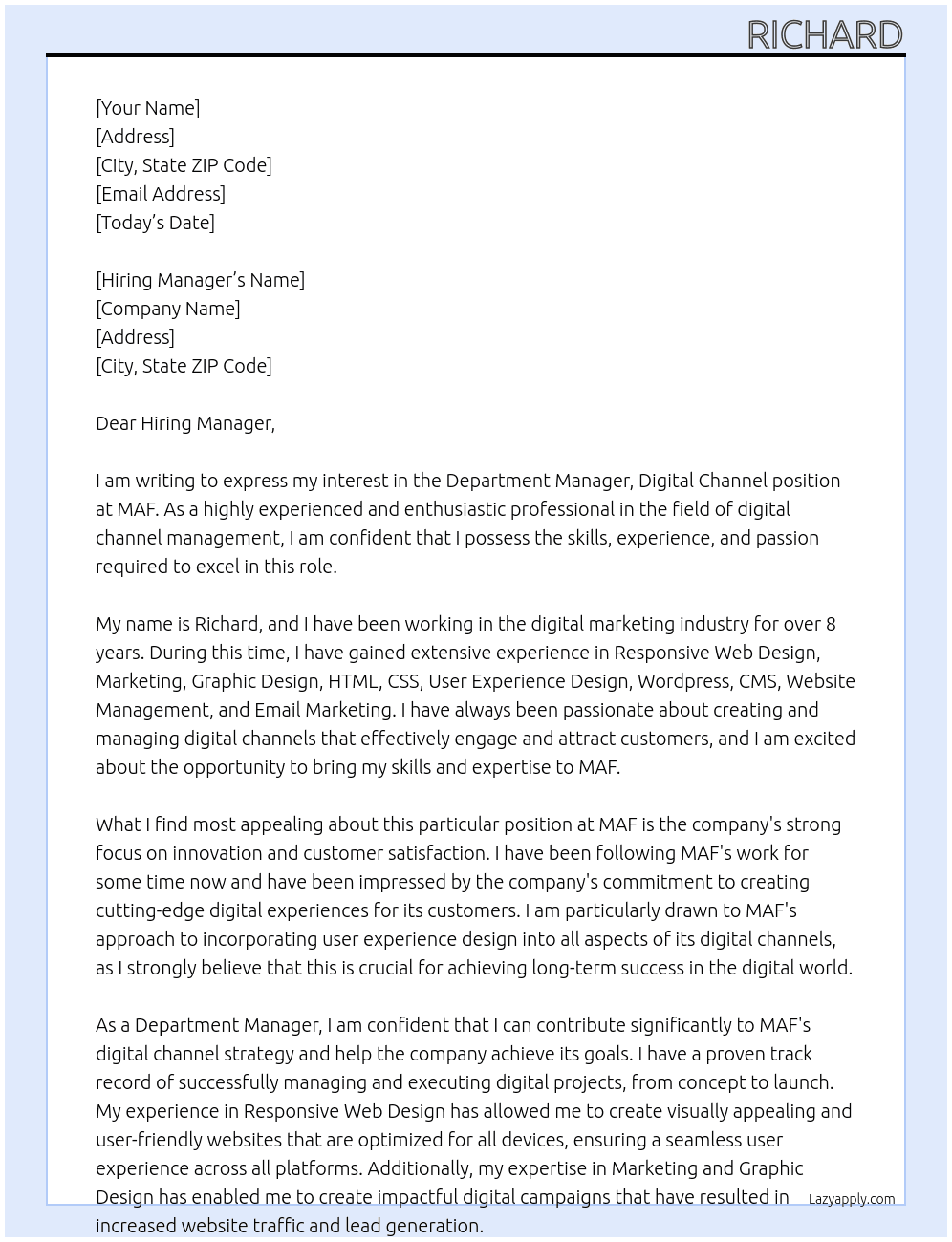 Department Manager, Digital Channel At MAF Cover Letter