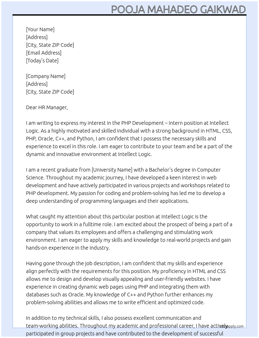 PHP Development – Intern At Intellect Logic Cover Letter