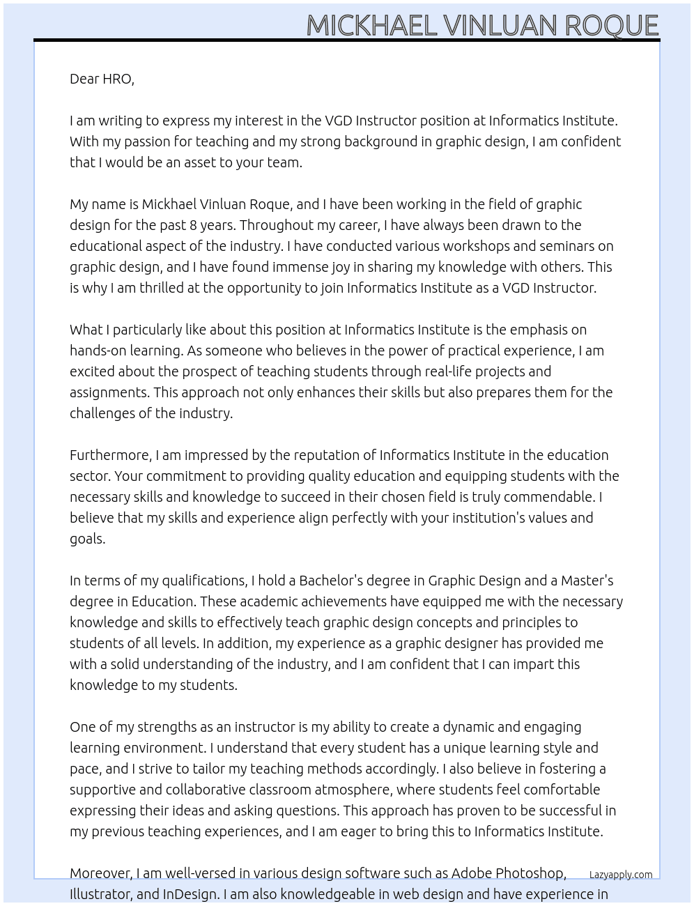VGD Instructor At Informatics institute Cover Letter