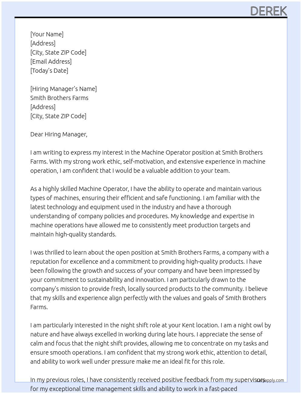 Machine Operator At Smith Brothers Farms Cover Letter