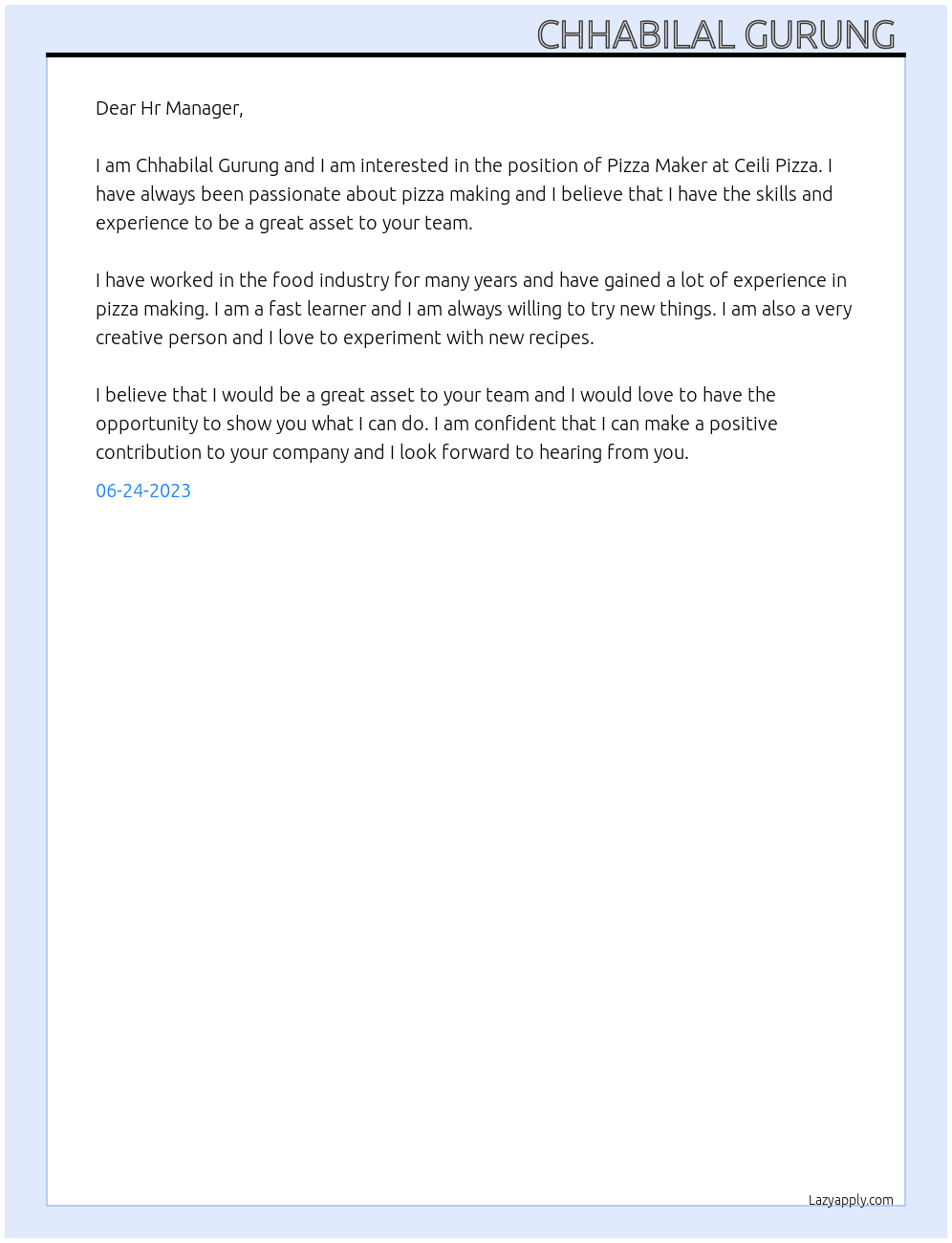 Pizza Maker  At Ceili Pizza Cover Letter