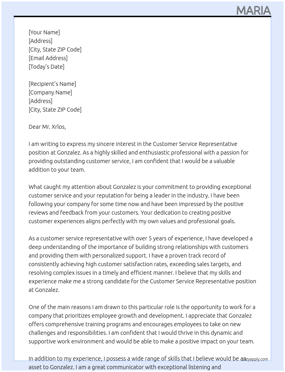 customer service representative At Gonzalez Cover Letter