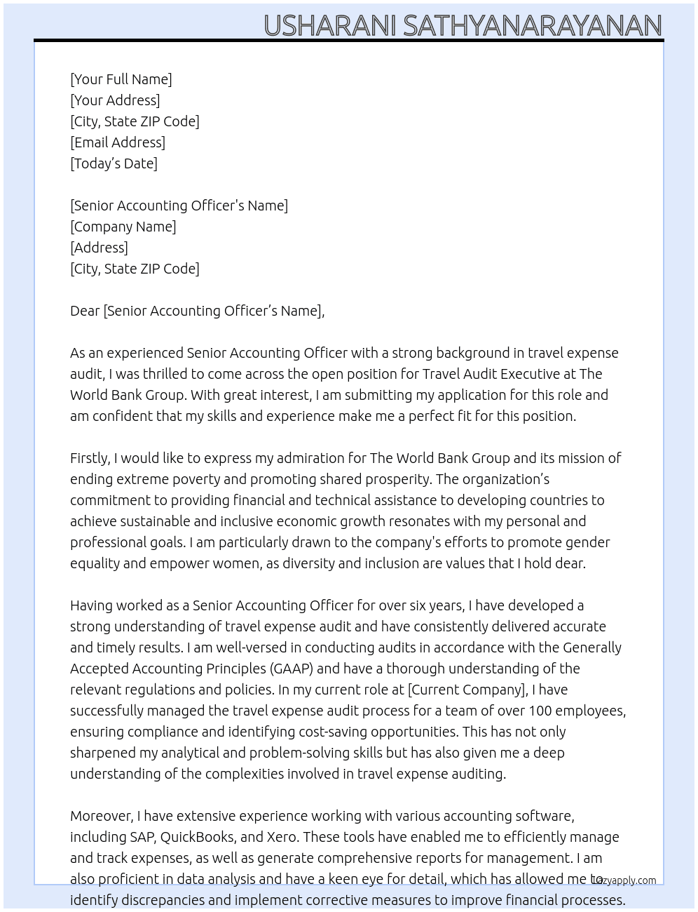 Travel Audit executive  At The World Bank Group  Cover Letter