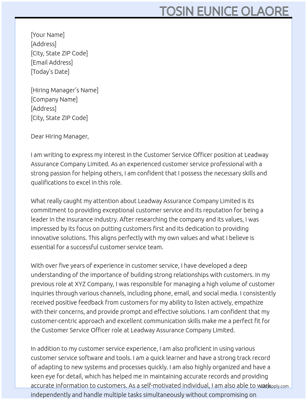 Customer service officer At Leadway assurance companyblimited Cover Letter