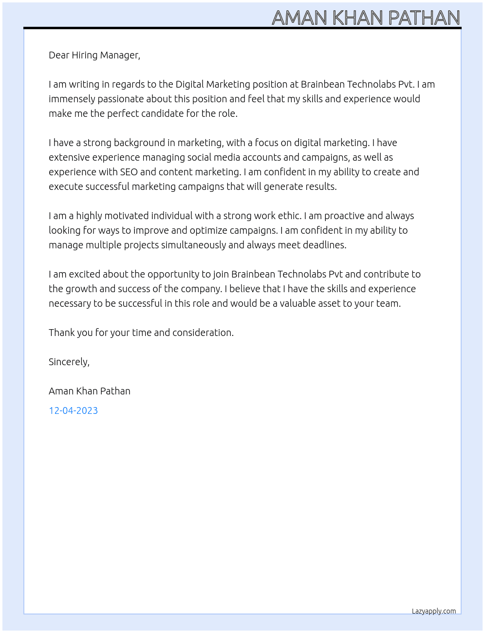 Digital marketing  At Brainbean technolabs Pvt  Cover Letter