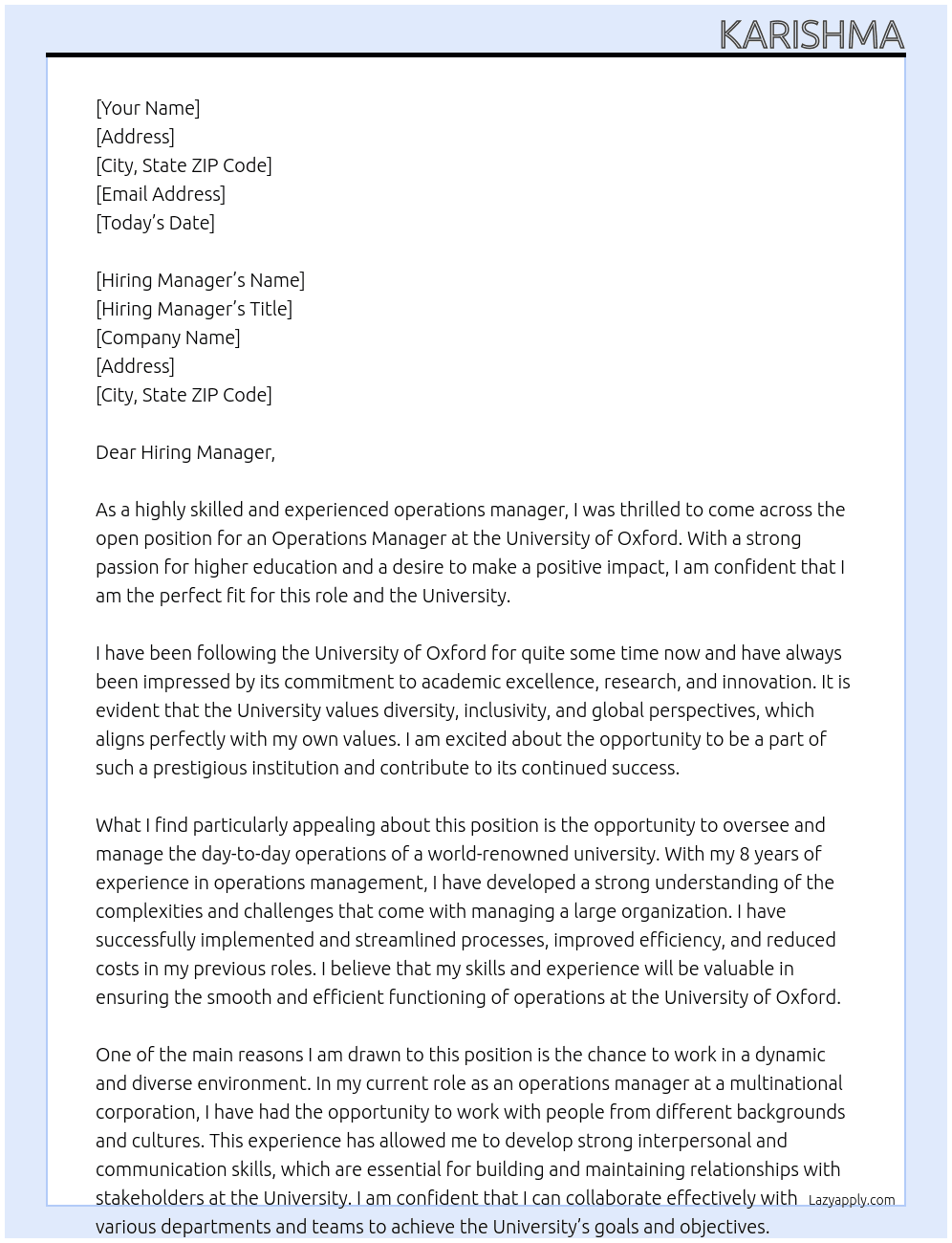 Operations Manager At University of Oxford Cover Letter