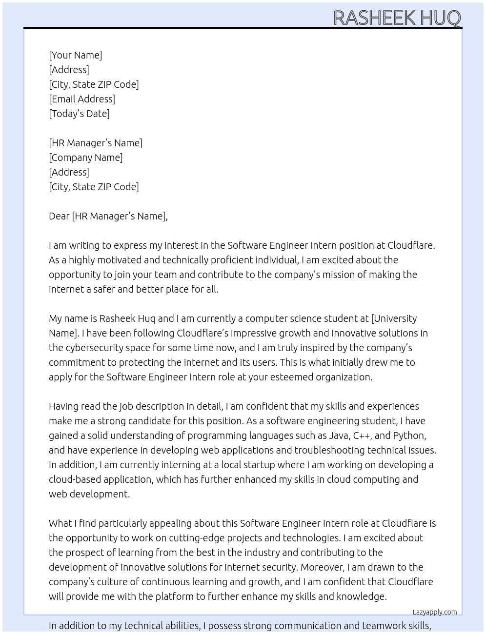 Software Engineer Intern At Cloudflare Cover Letter