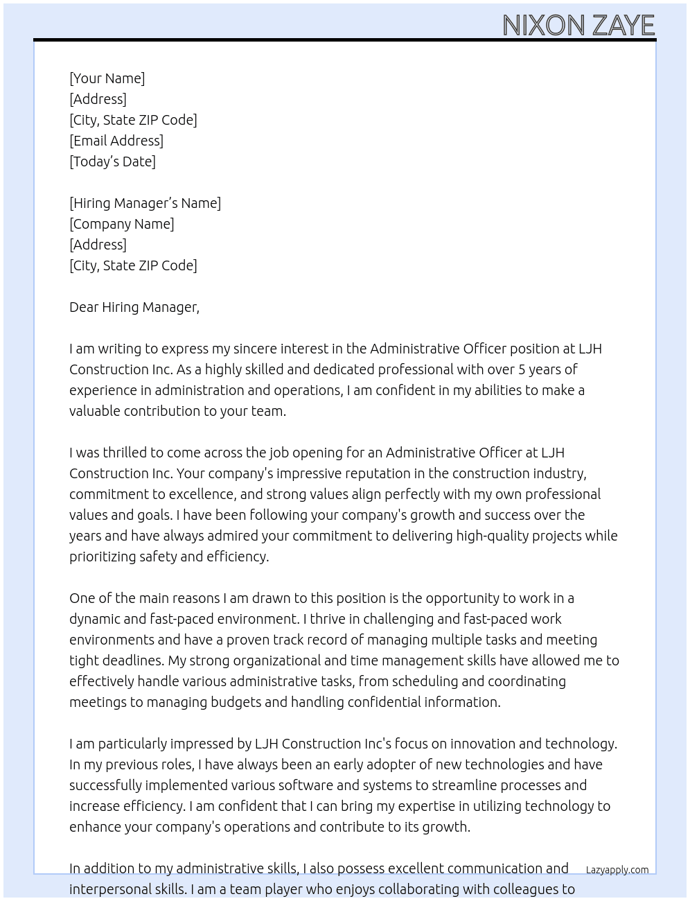 Administrative Officer At LJH Construction Inc Cover Letter