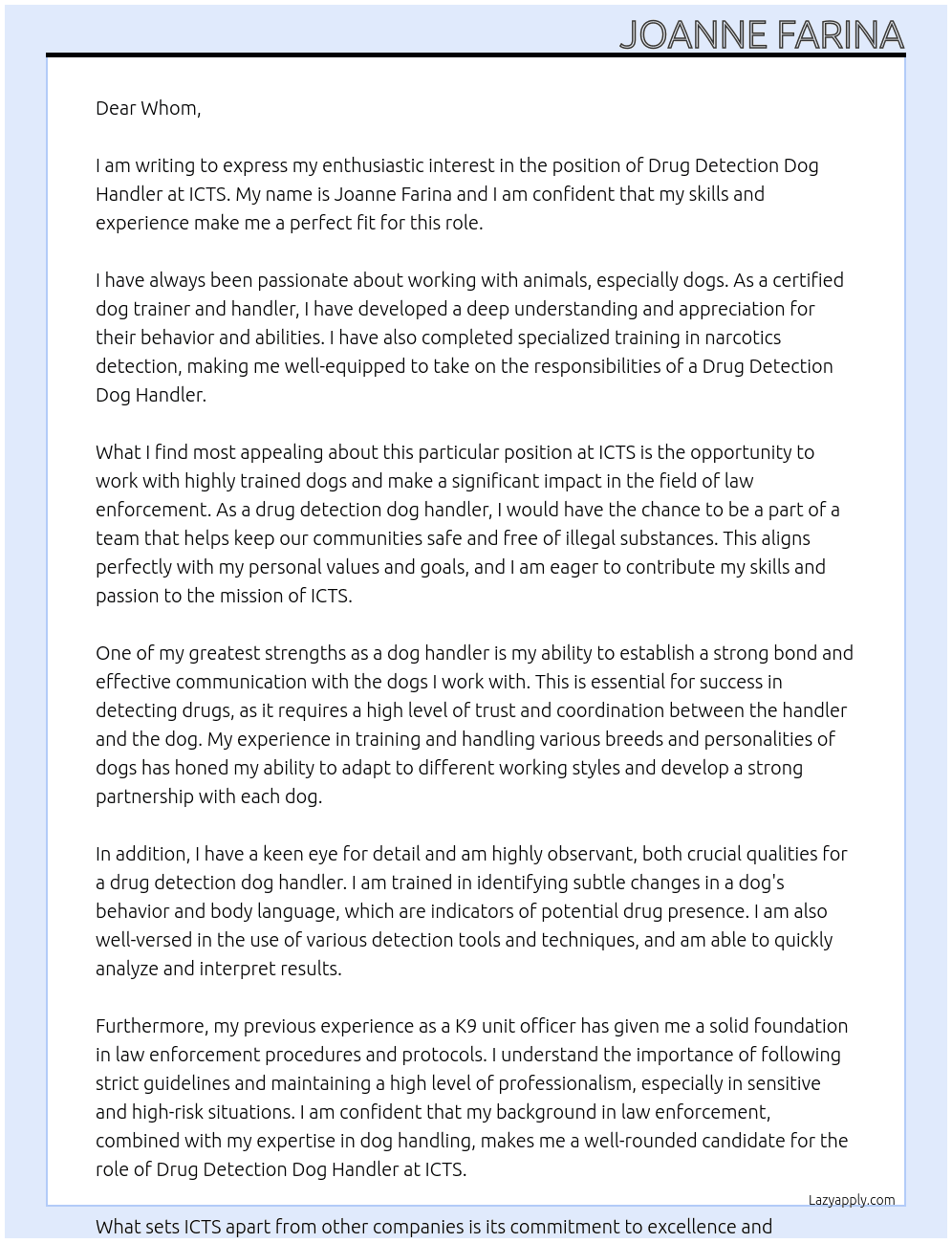 Drug detection dog handler At ICTS  Cover Letter