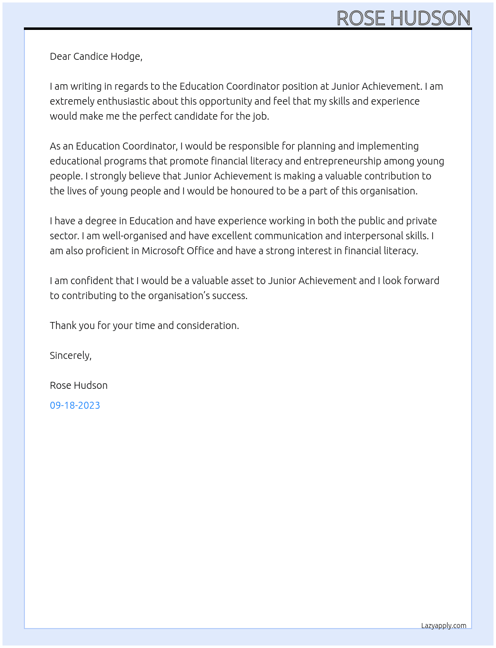 Education Coordinator At Junior Achievement Cover Letter