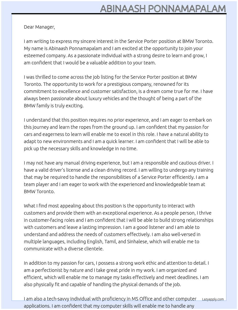 Service Porter with No Experience and No Manual Driving Experience Either At BMW Toronto Cover Letter